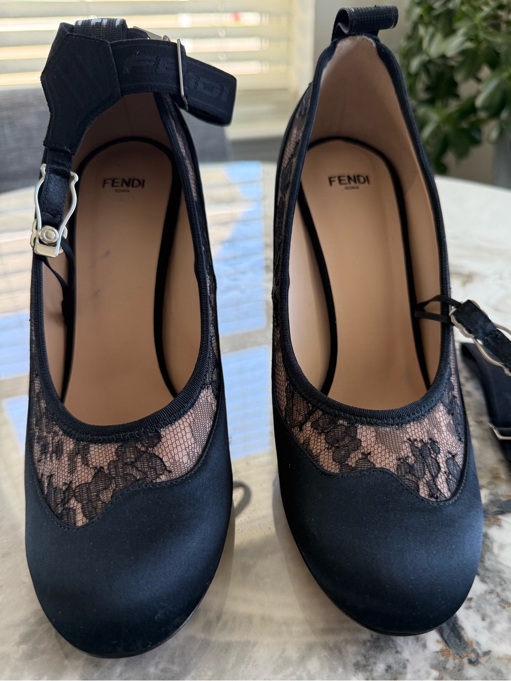 Fendi Black Lace Garter Belt Ankle-Strap Mary Jane Heels